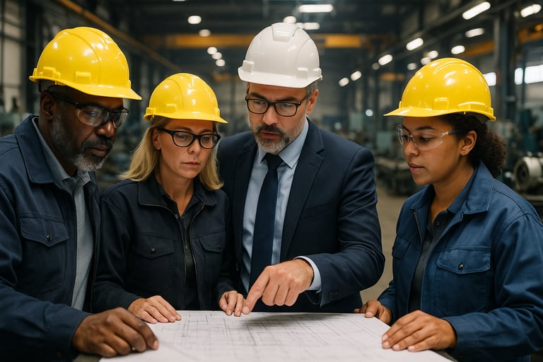 Industrial leadership team reviewing plans in a manufacturing facility, showcasing frontline managers collaborating on leadership development strategies Industrial leadership team reviewing plans in a manufacturing facility, showcasing frontline managers collaborating on leadership development strategies